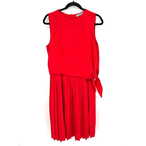 MARELLA Red Sleeveless Blouson Pleated Side Tie Button Back Midi Dress Size 8 - Picture 3 of 9